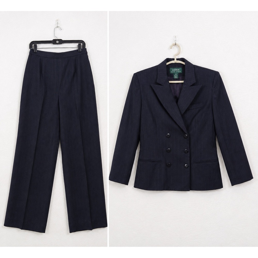 Lauren Ralph Lauren Pant Suit Set Pinstripe Wool 12 Double Breasted Office